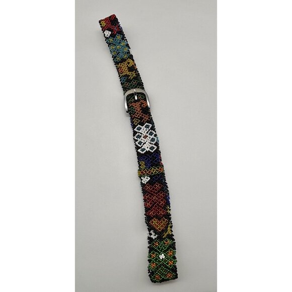 Vintage Artisan-Made Seed Beaded Belt Silver Buckle Red Cobalt Blue White Yellow